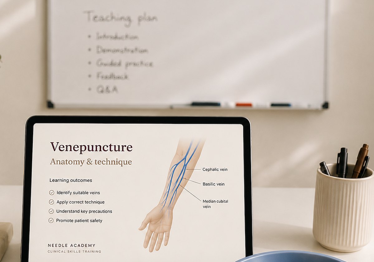 A Needle Academy teaching setup: a tablet showing venepuncture anatomy and technique beside a whiteboard teaching plan